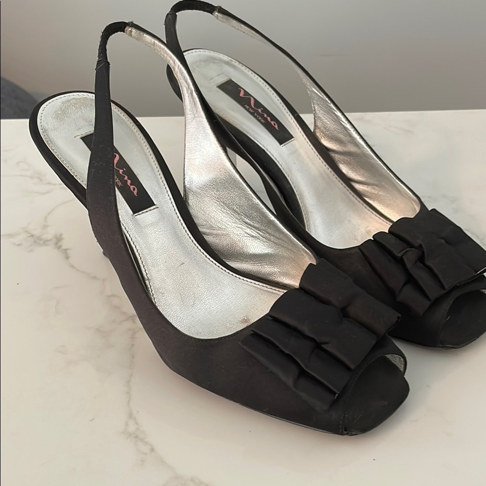 Nina Black and Silver Slingback Heels with Ruffle Detail